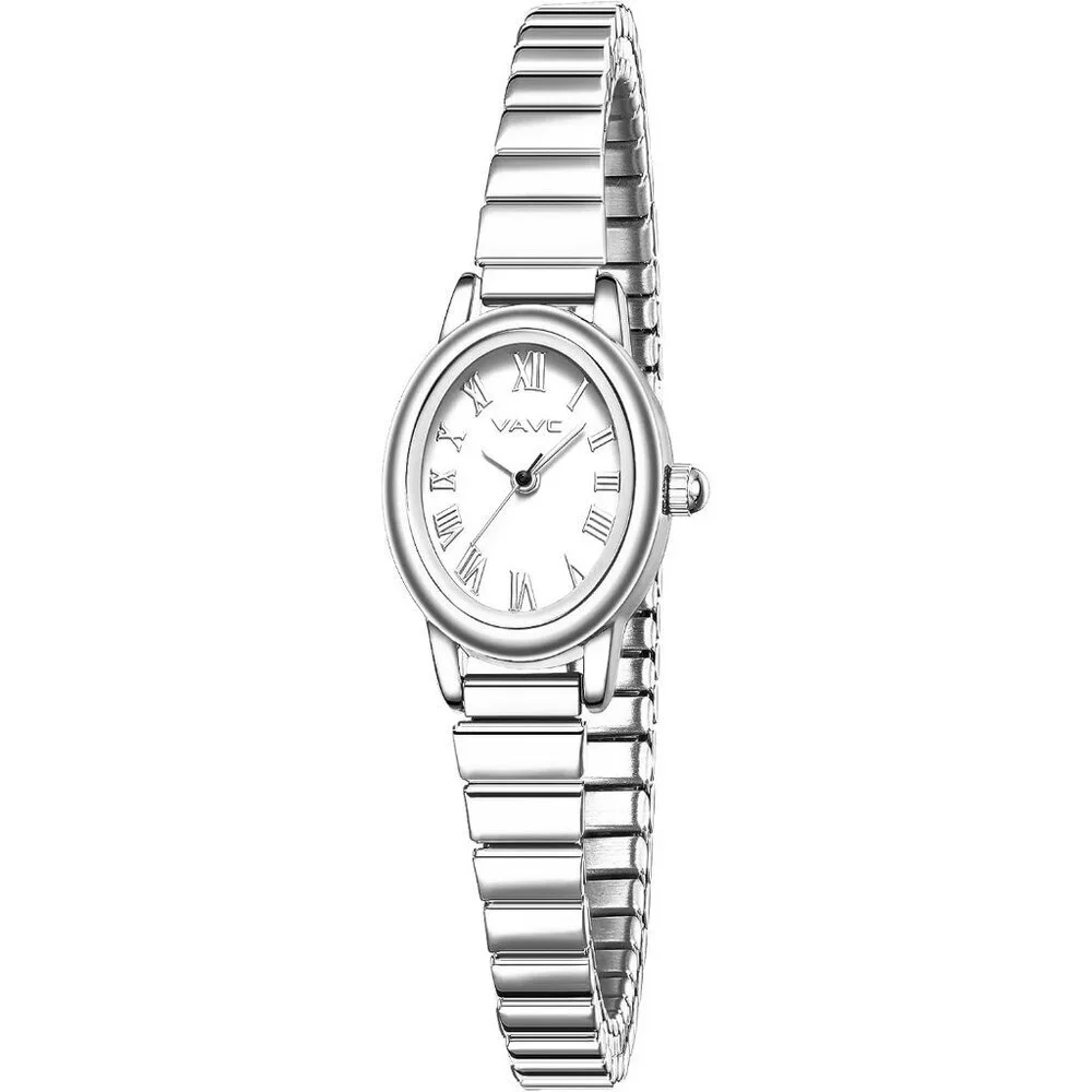 Women's Silver Watch with Stainless Steel Expansion Band Oval Case Roman Dial